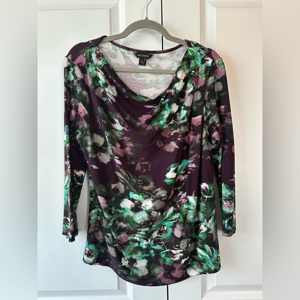 St. John Women’s Casual Floral 3/4 Sleeve Blouse Cowl Neck Purple & Green Size L